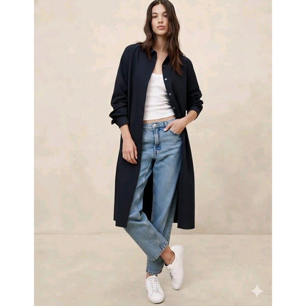 New Banana Republic ShirtDress Small Long Sleeve Poplin Midi Cotton Navy‎ Blue